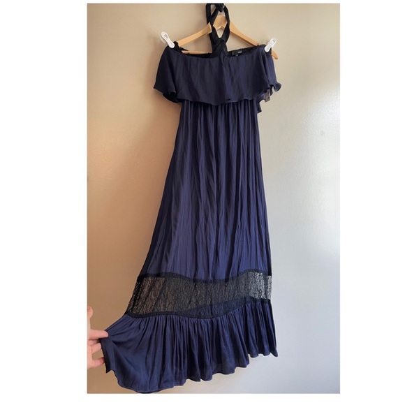 NWT (XS) Aqua popover lace inset halter long midi maxi navy black open shoulder - Picture 2 of 11